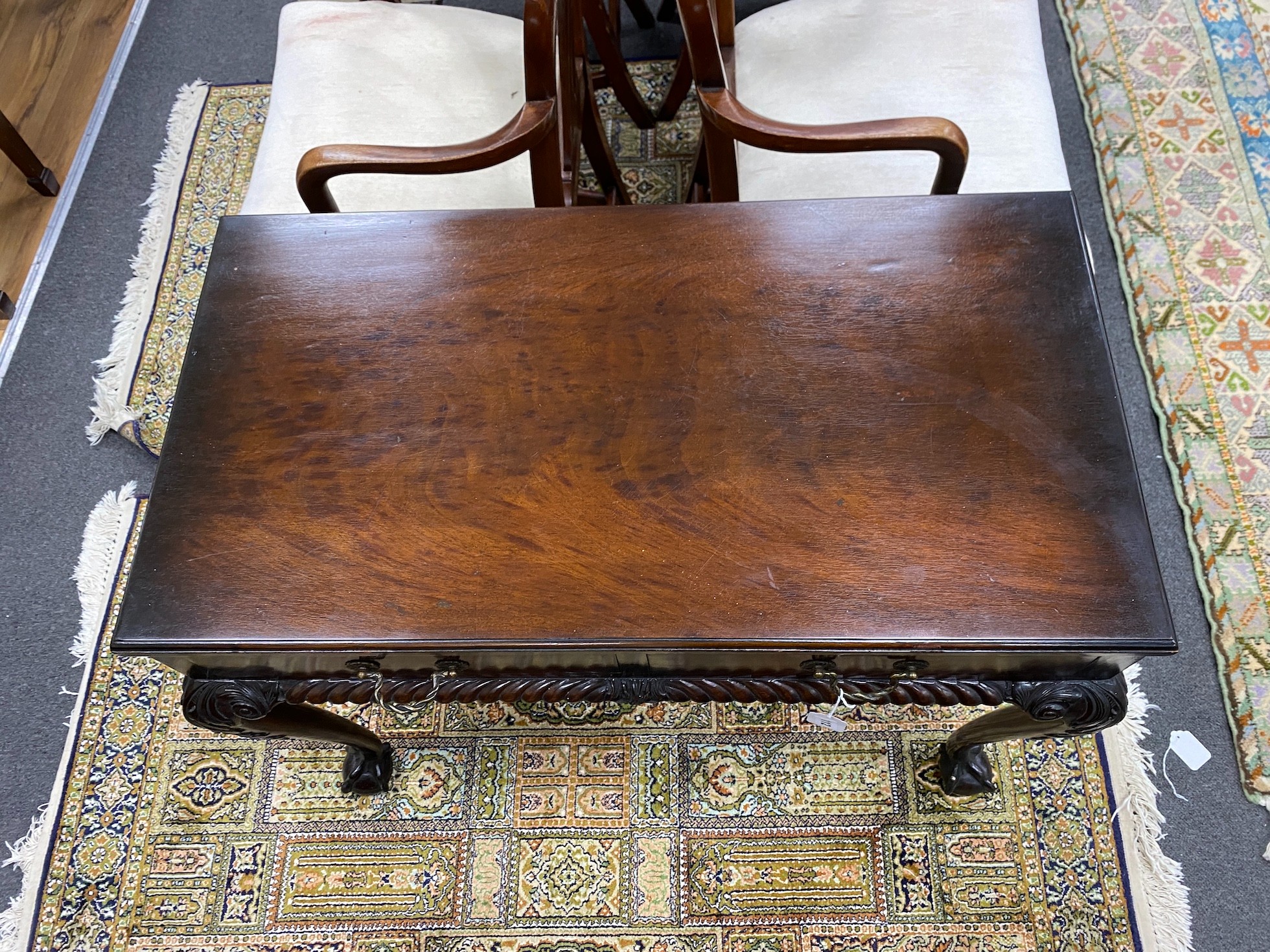 An early 20th century Chippendale revival mahogany two drawer side table, width 91cm, depth 51cm, height 71cm